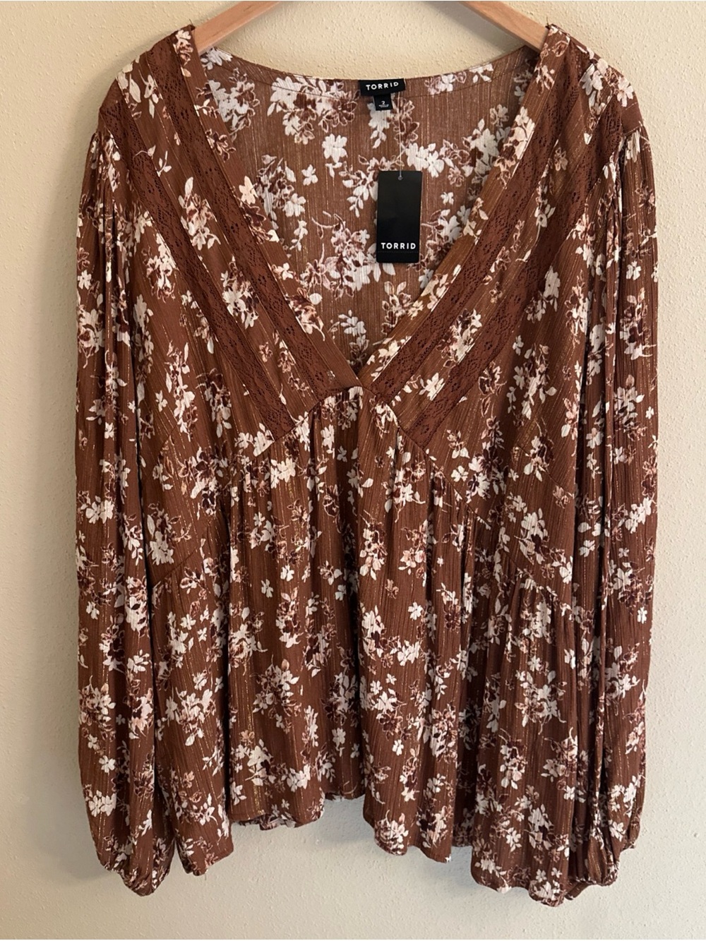 Torrid 2 (2X) Brown Peasant Top Blouse Lace V‎ Neck Fall Cottagecore Shimmer